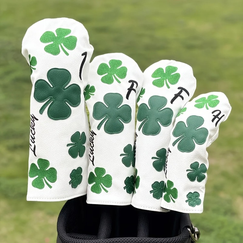 Badminton Club - ปลอกหุ้มหัวไม้กอล์ฟ Clover ดีไซน์ทันสมัย - สีขาวทนทานพร้อมลายโคลเวอร์สี่แฉกสีเขียว ปลอกป้องกันไม้กอล์ฟ