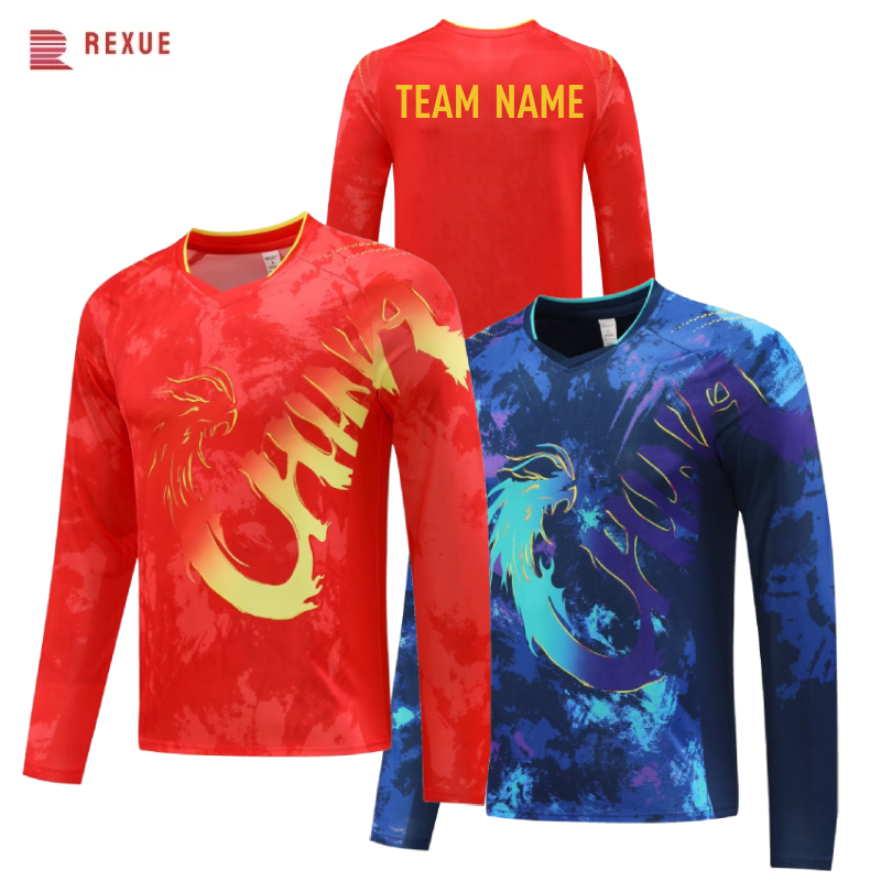 Badminton Jersey - China Dragon แขนยาวตารางเทนนิสเสื้อ 2024 สีแดงสีฟ้าจีนทีมแบดมินตัน Jersey